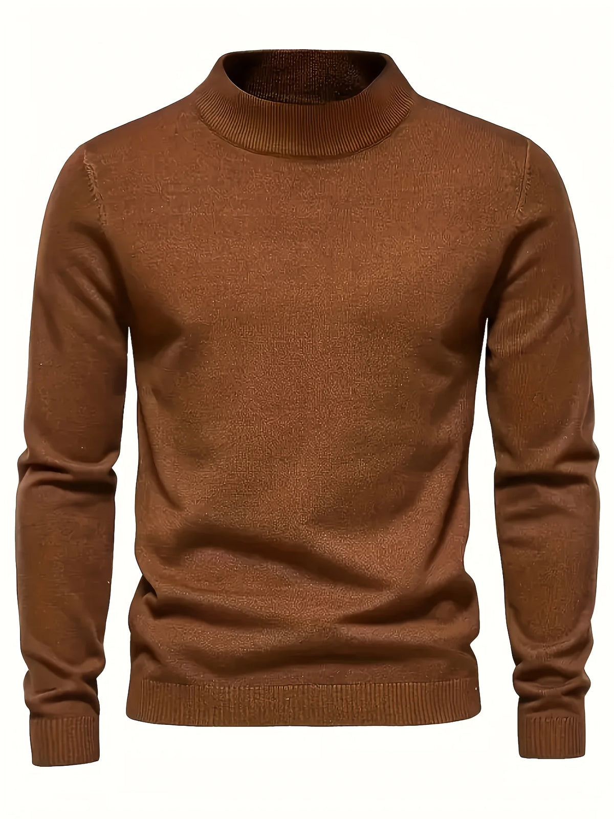 Men's olive brown ribbed mock-neck pullover sweater, fitted