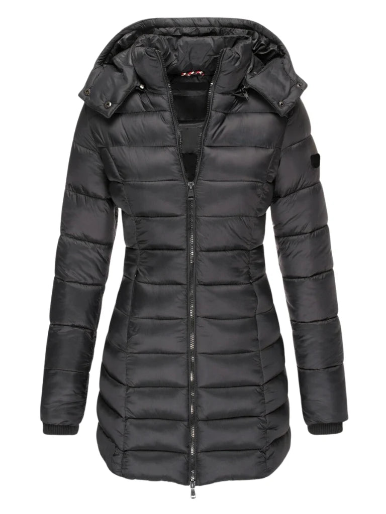 Women's black longline puffer coat