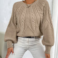Women's khaki cable knit lantern sleeve sweater