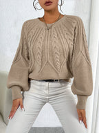 Women's khaki cable knit lantern sleeve sweater
