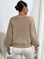 Women's khaki cable knit lantern sleeve sweater