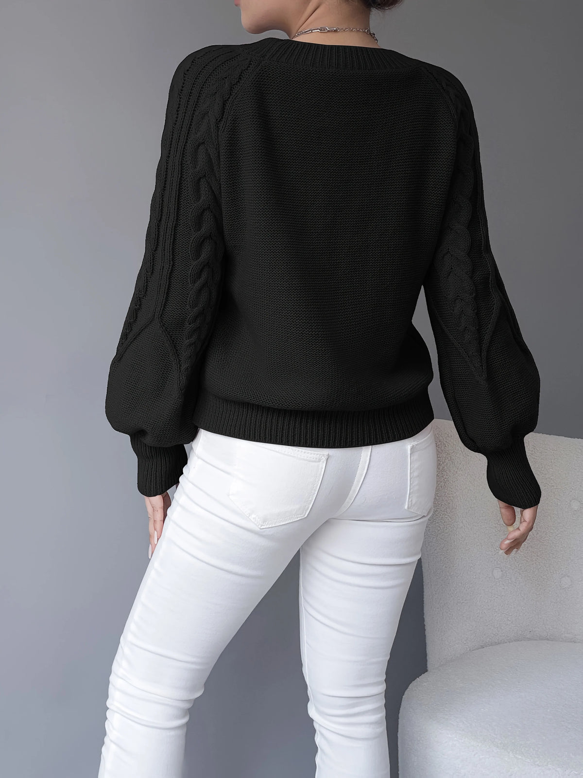 Women's apricot cable knit lantern sleeve sweater