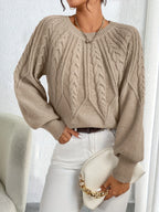 Women's khaki cable knit lantern sleeve sweater