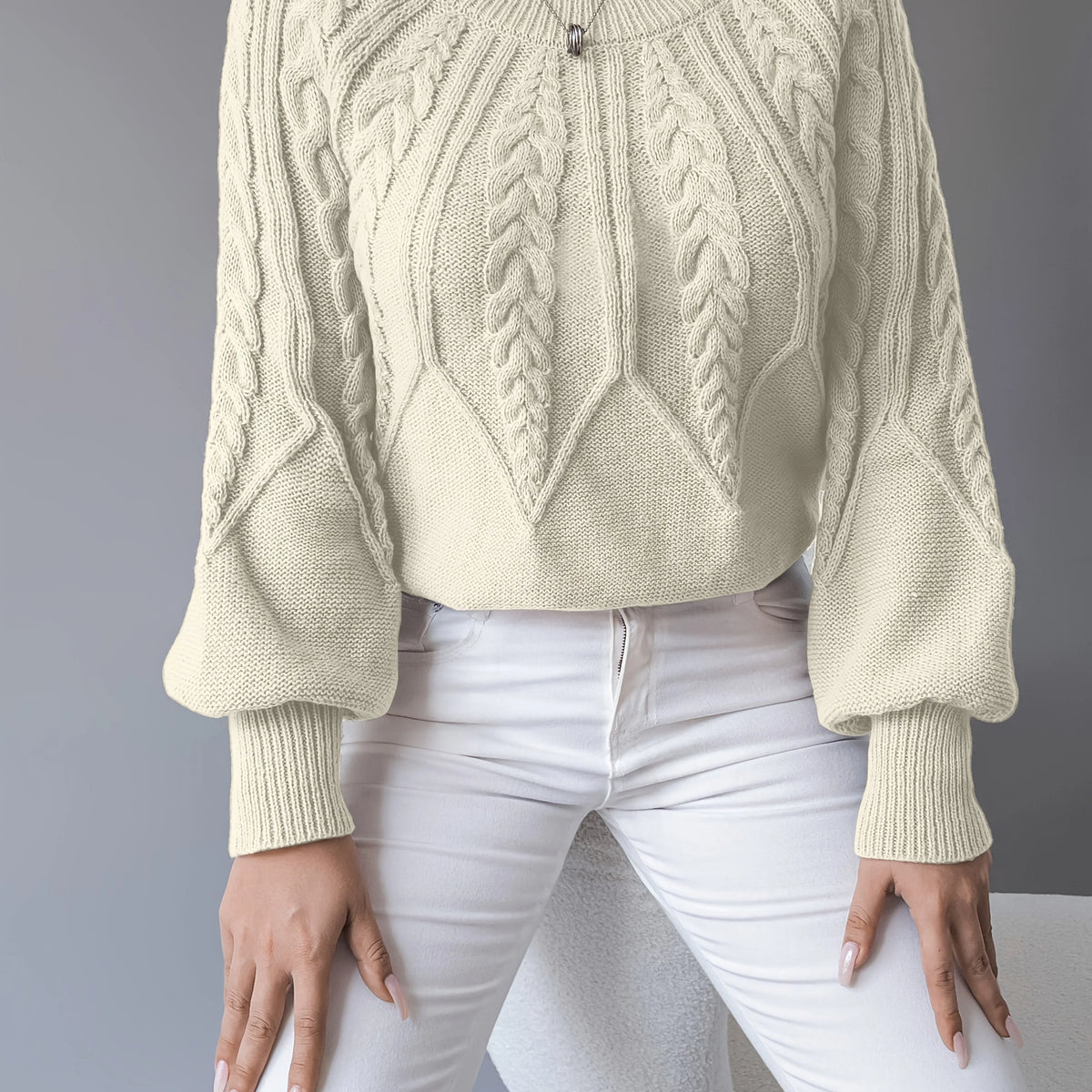Women's apricot cable knit lantern sleeve sweater