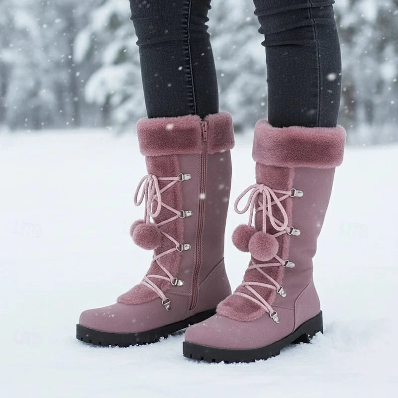 Women's purple cozy lace-up winter boots, with eyelet lacing
