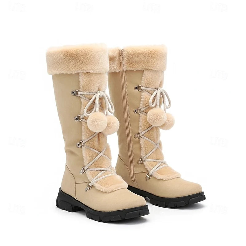 Women's beige cozy lace-up winter boots, with eyelet lacing