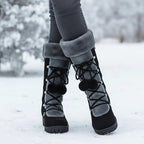 Women's beige cozy lace-up winter boots, with eyelet lacing