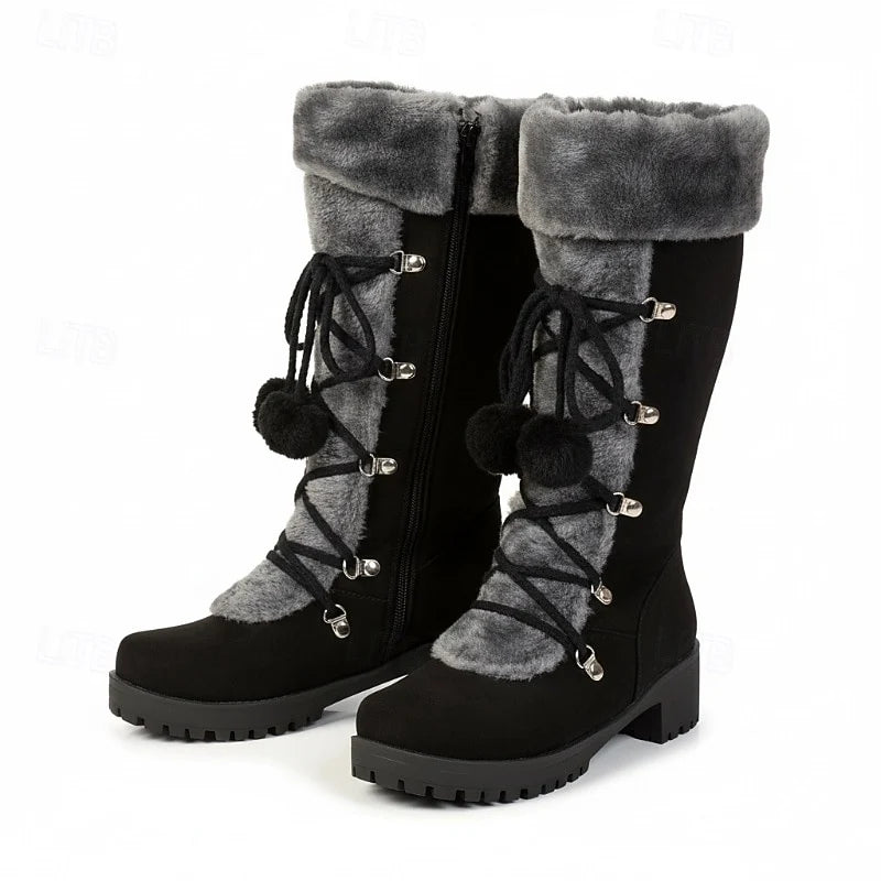 Women's beige cozy lace-up winter boots, with eyelet lacing