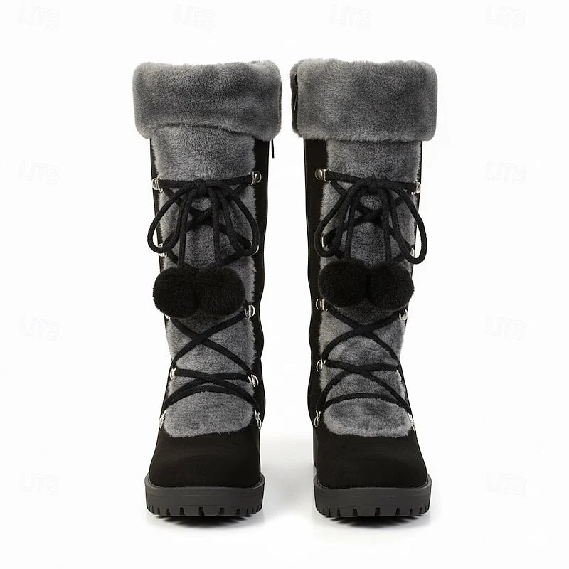 Women's beige cozy lace-up winter boots, with eyelet lacing