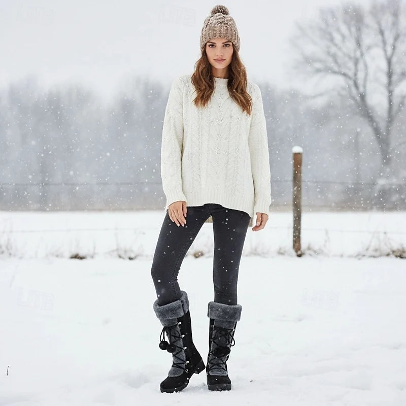 Women's beige cozy lace-up winter boots, with eyelet lacing