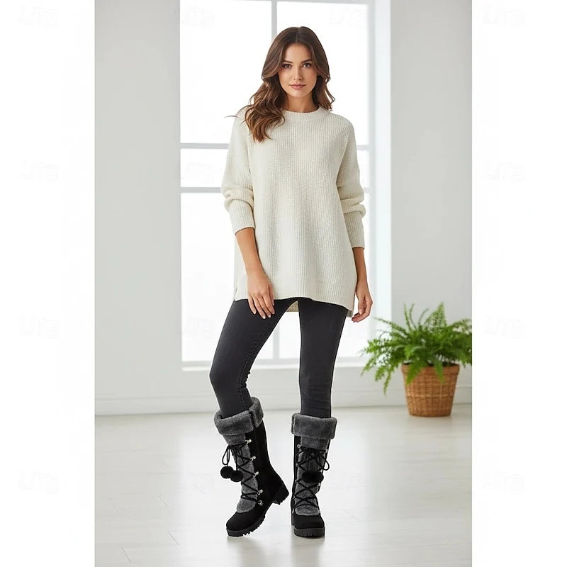 Women's beige cozy lace-up winter boots, with eyelet lacing