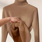 Women's dark brown fitted Turtleneck Sweater with Sherpa-Lined Cuffs