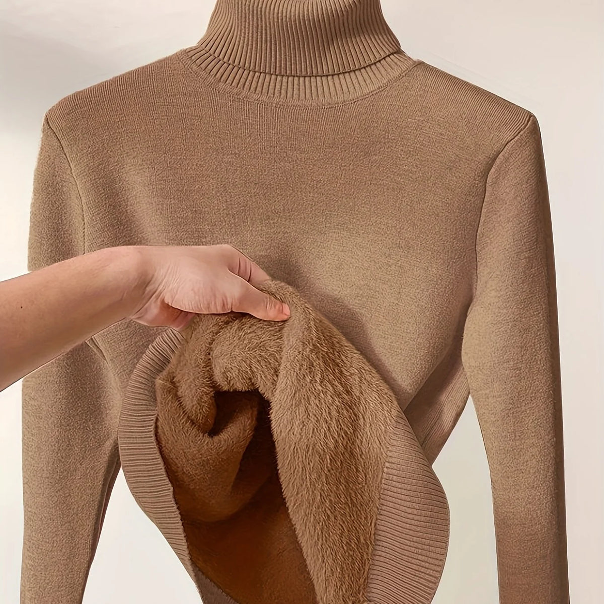 Women's dark brown fitted Turtleneck Sweater with Sherpa-Lined Cuffs