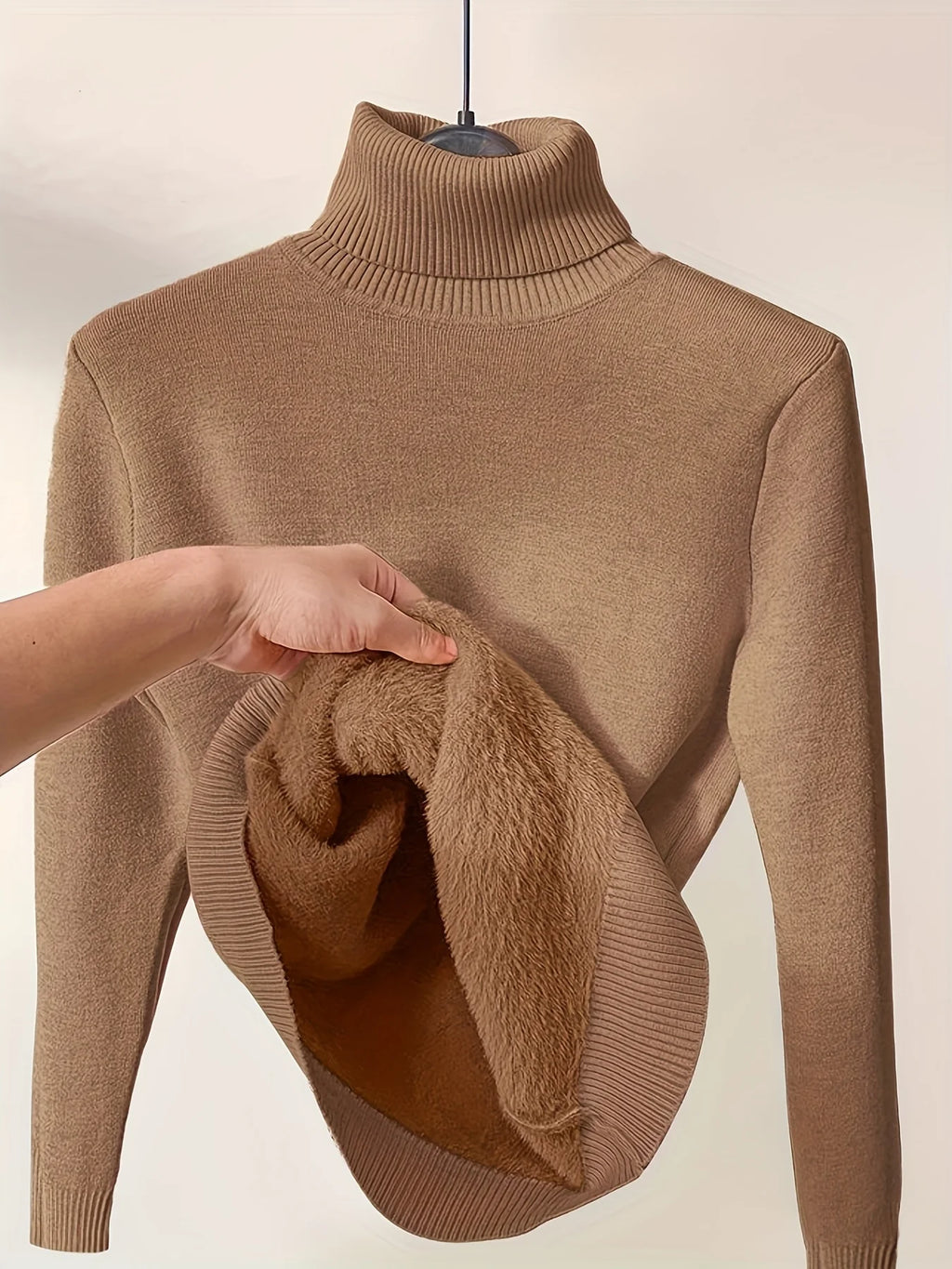 Women's black fitted Turtleneck Sweater with Sherpa-Lined Cuffs