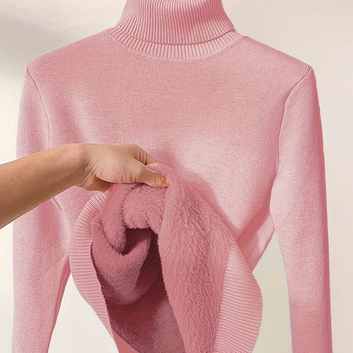 Women's pink fitted Turtleneck Sweater with Sherpa-Lined Cuffs