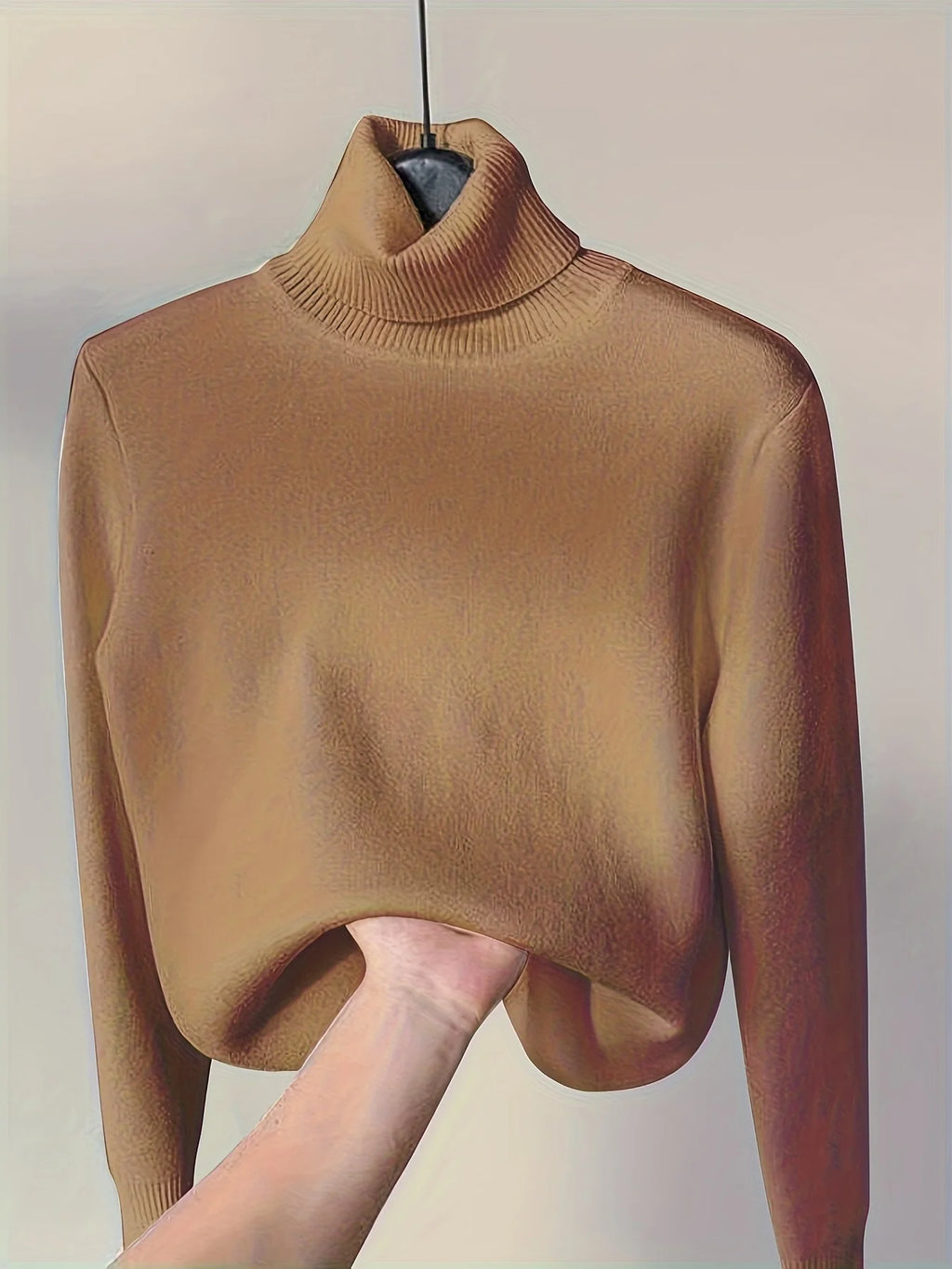 Women's deep red fitted Turtleneck Sweater with Sherpa-Lined Cuffs