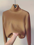 Women's deep red fitted Turtleneck Sweater with Sherpa-Lined Cuffs