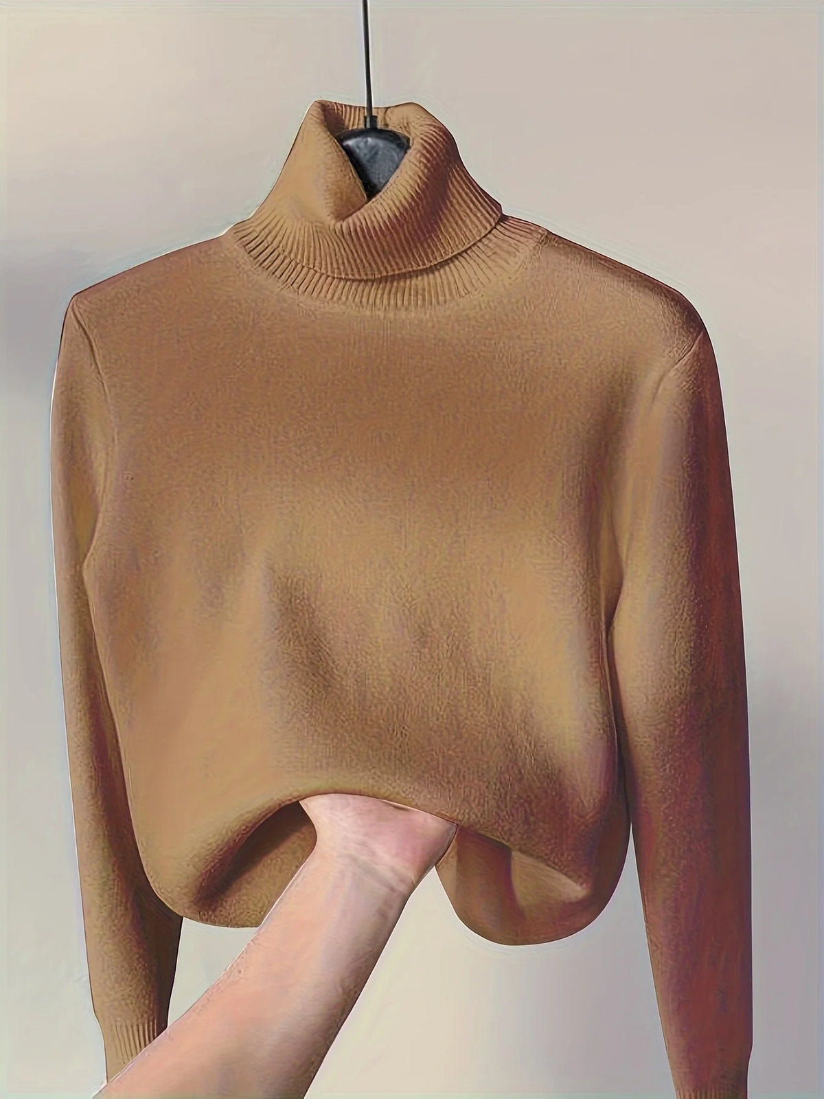 Women's deep red fitted Turtleneck Sweater with Sherpa-Lined Cuffs