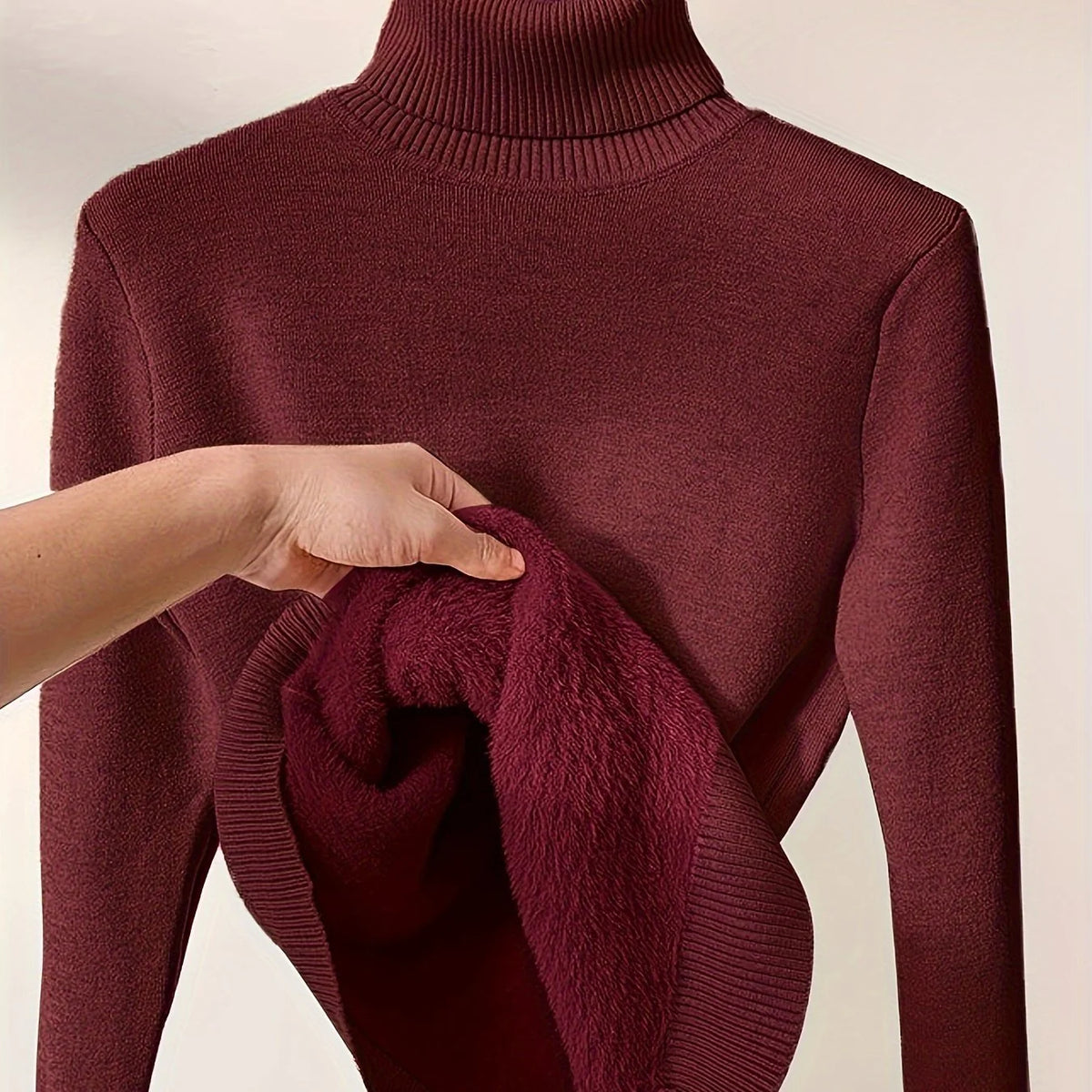 Women's pink fitted Turtleneck Sweater with Sherpa-Lined Cuffs