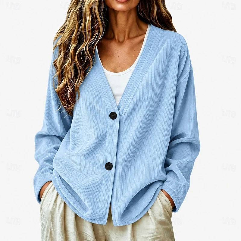Women's sky blue relaxed V-Neck Button Cardigan, Dropped Shoulder