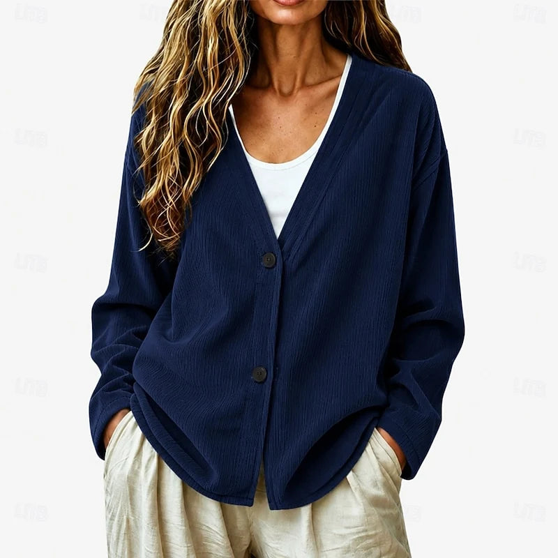 Women's navy blue relaxed V-Neck Button Cardigan, Dropped Shoulder