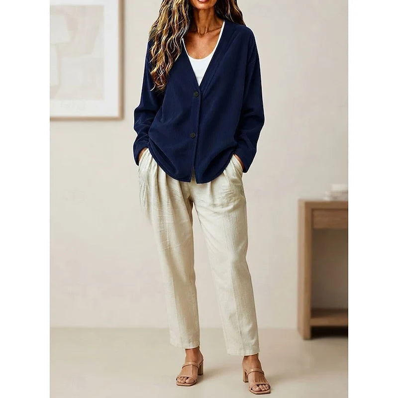 Women's gray relaxed V-Neck Button Cardigan, Dropped Shoulder