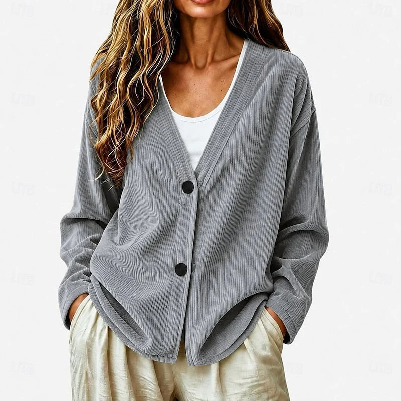 Women's orange red relaxed V-Neck Button Cardigan, Dropped Shoulder