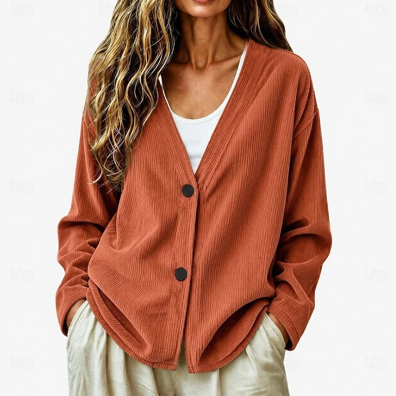 Women's red relaxed V-Neck Button Cardigan, Dropped Shoulder