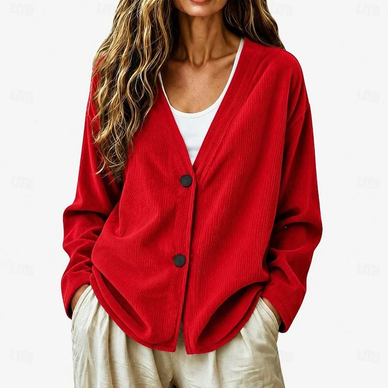Women's military green relaxed V-Neck Button Cardigan, Dropped Shoulder