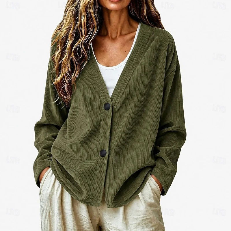 Women's military green relaxed V-Neck Button Cardigan, Dropped Shoulder