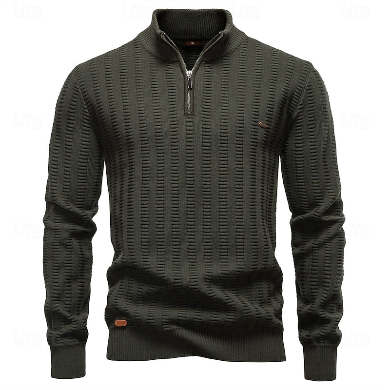 Men's army green ribbed half-zip sweater, mock neck front view