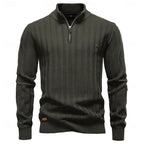 Men's army green ribbed half-zip sweater, mock neck front view