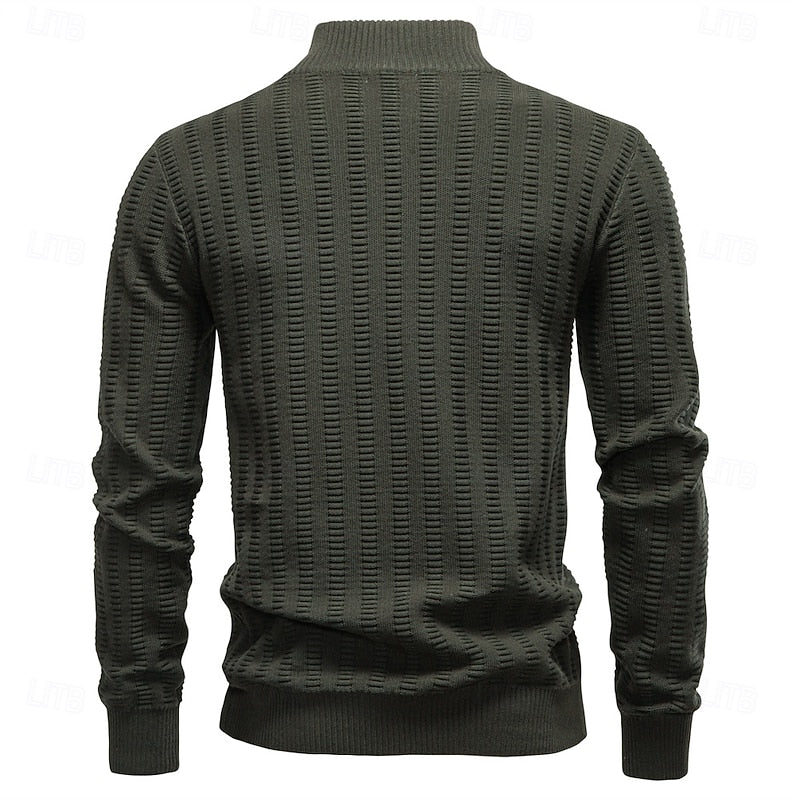 Men's army green ribbed half-zip sweater, full back view