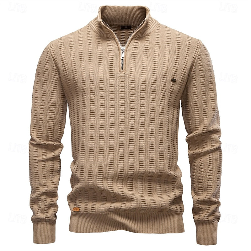 Men's tan ribbed half-zip sweater, mock neck front view