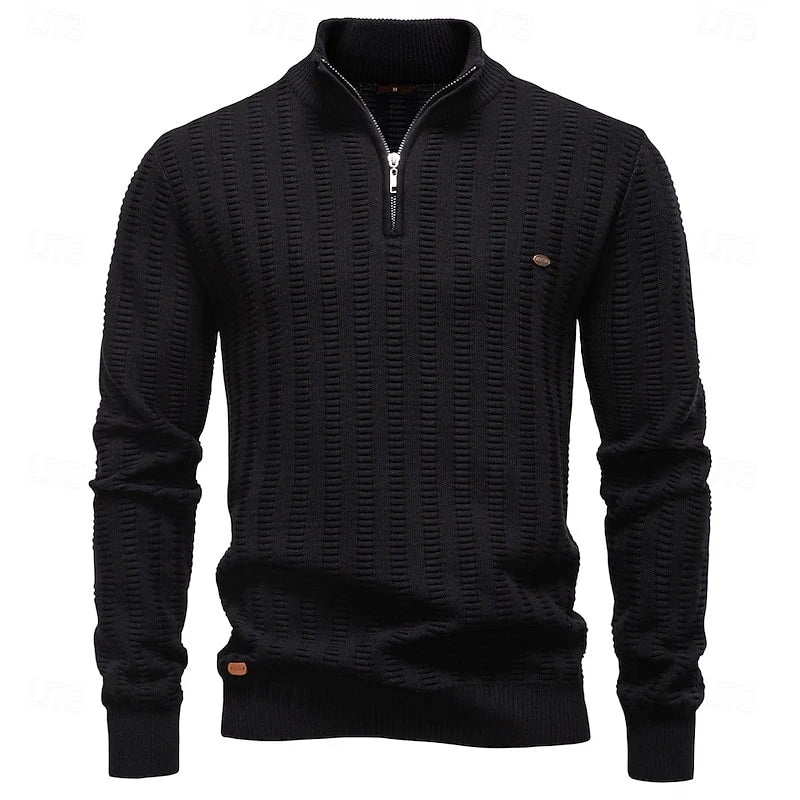 Men's black ribbed half-zip sweater, mock neck front view