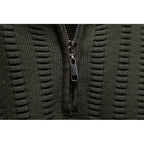 Men's army green half-zip sweater, close-up of zip pull