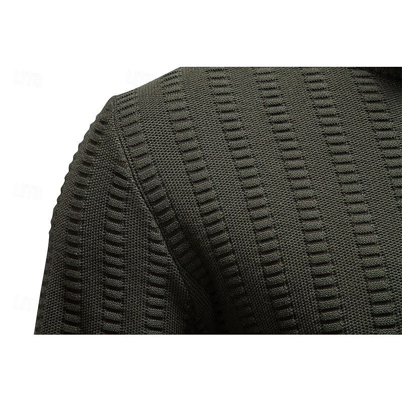 Men's army green half-zip sweater, close-up of ribbed shoulder