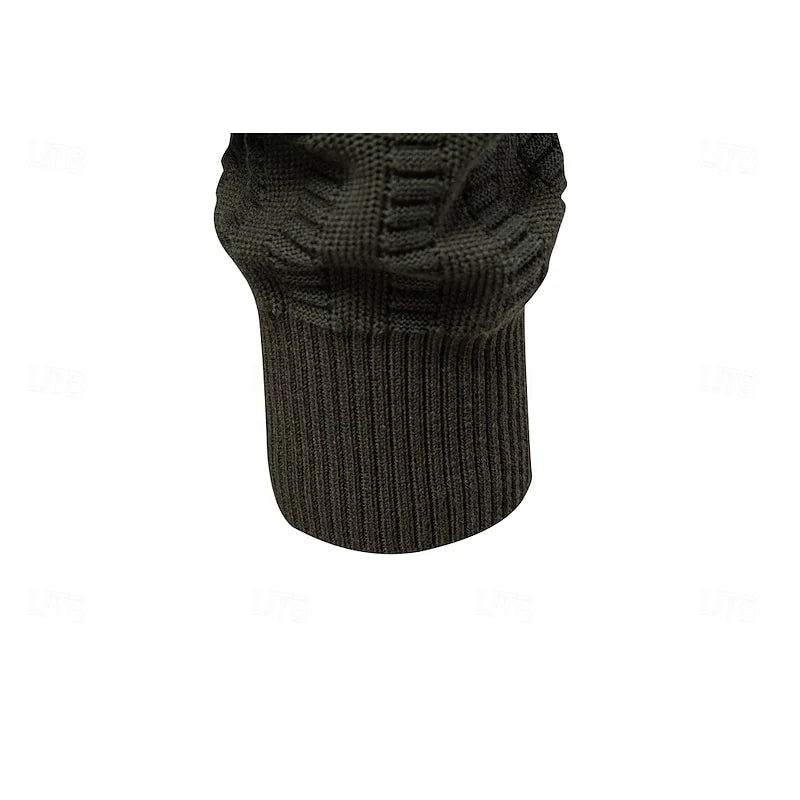 Men's army green half-zip sweater, close-up of ribbed cuff