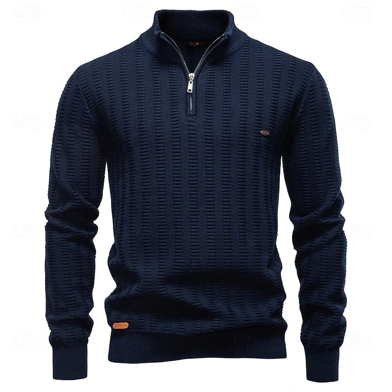 Men's dark navy ribbed half-zip sweater, mock neck front view