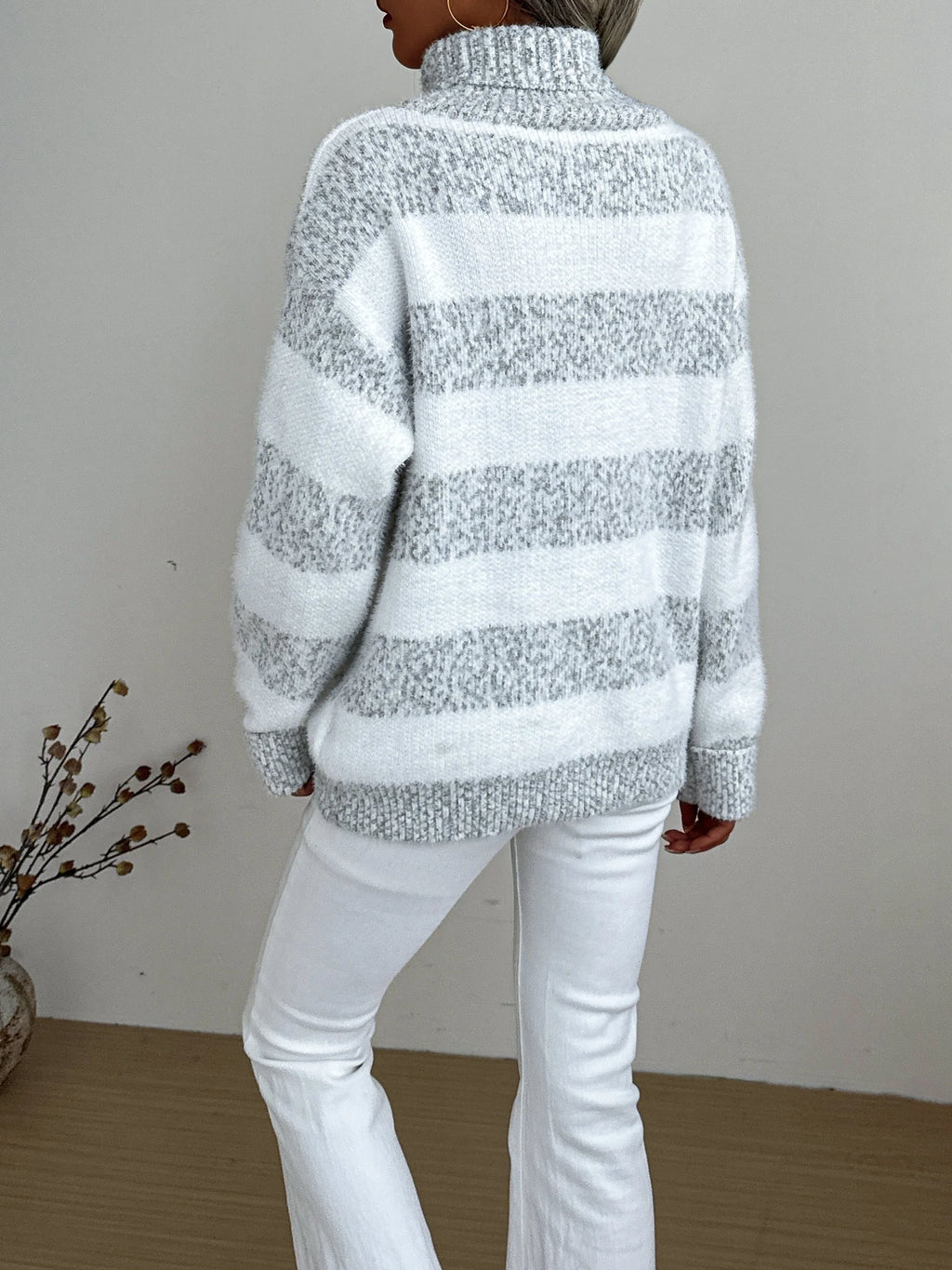 Women's grey oversized Striped High-Neck Sweater for Layering