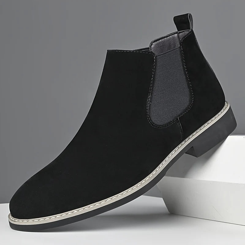 Men's black refined dress chelsea boots, with elastic side gussets
