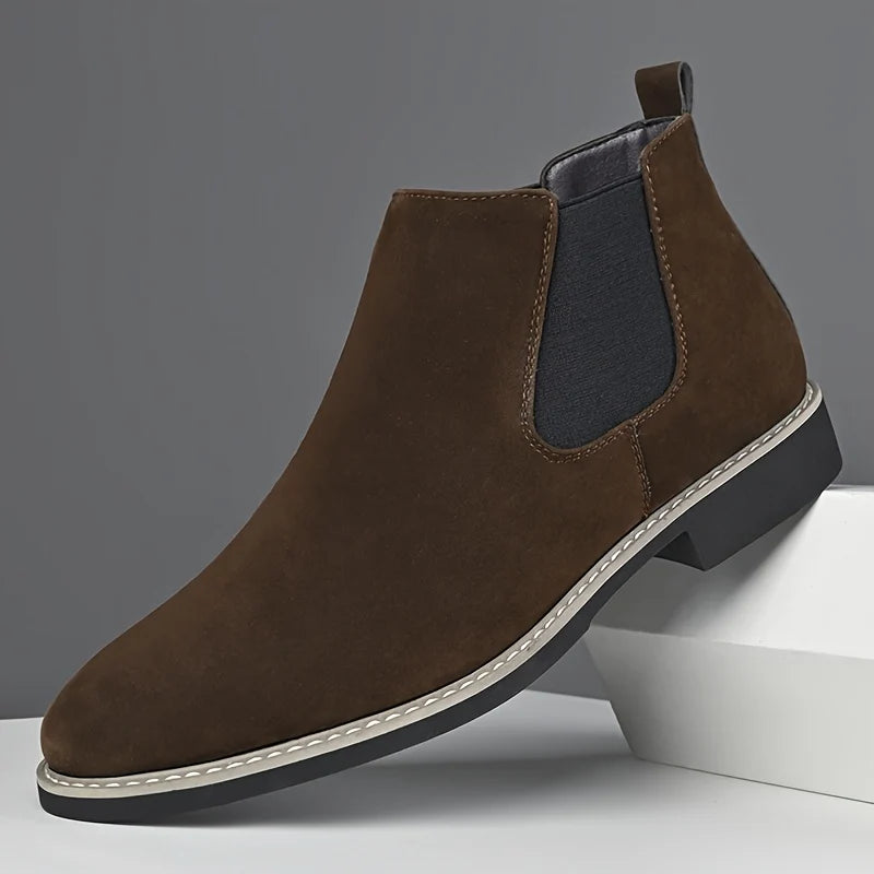 Men's dark brown refined dress chelsea boots, with elastic side gussets