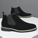 Men's dark brown refined dress chelsea boots, with elastic side gussets