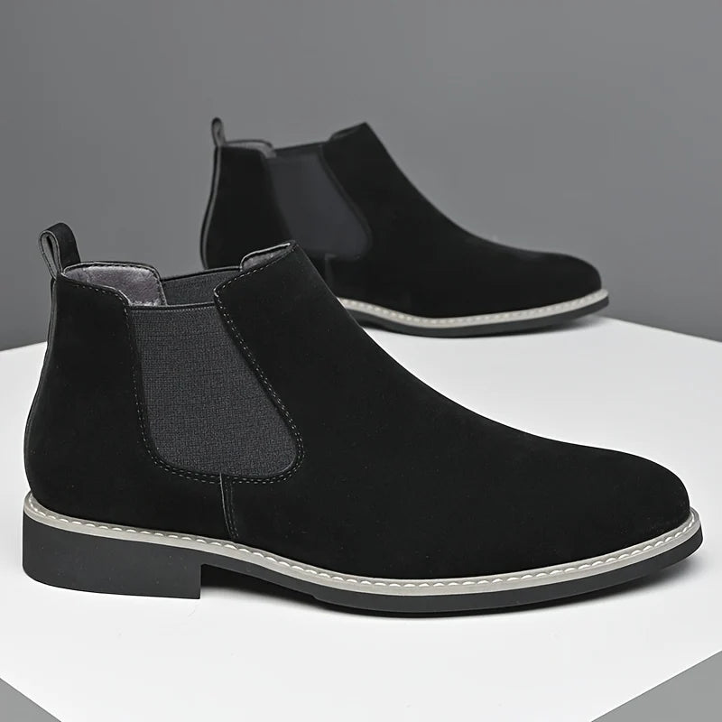 Men's dark brown refined dress chelsea boots, with elastic side gussets