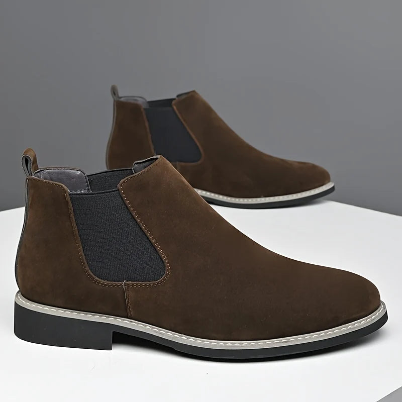 Men's dark brown refined dress chelsea boots, with elastic side gussets