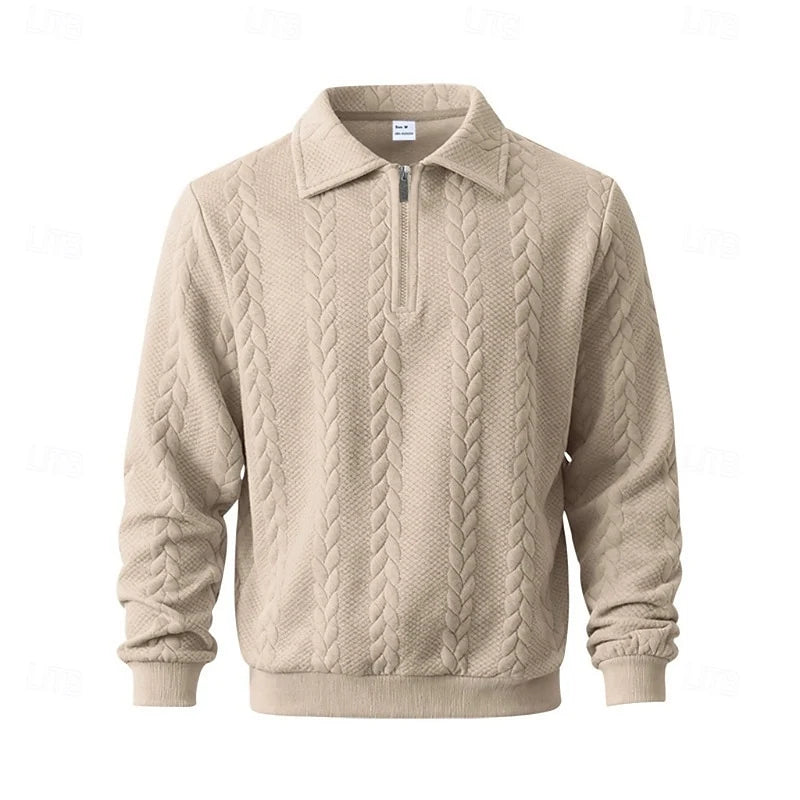 Men's khaki cable-knit Quarter-Zip Pullover with Polo Collar