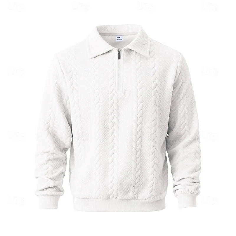 Men's white cable-knit Quarter-Zip Pullover with Polo Collar