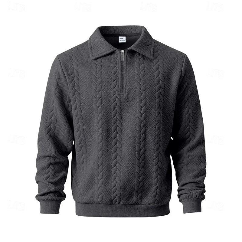 Men's dark gray cable-knit Quarter-Zip Pullover with Polo Collar