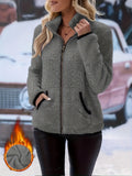Women's gray sherpa fleece full-zip jacket, stand collar