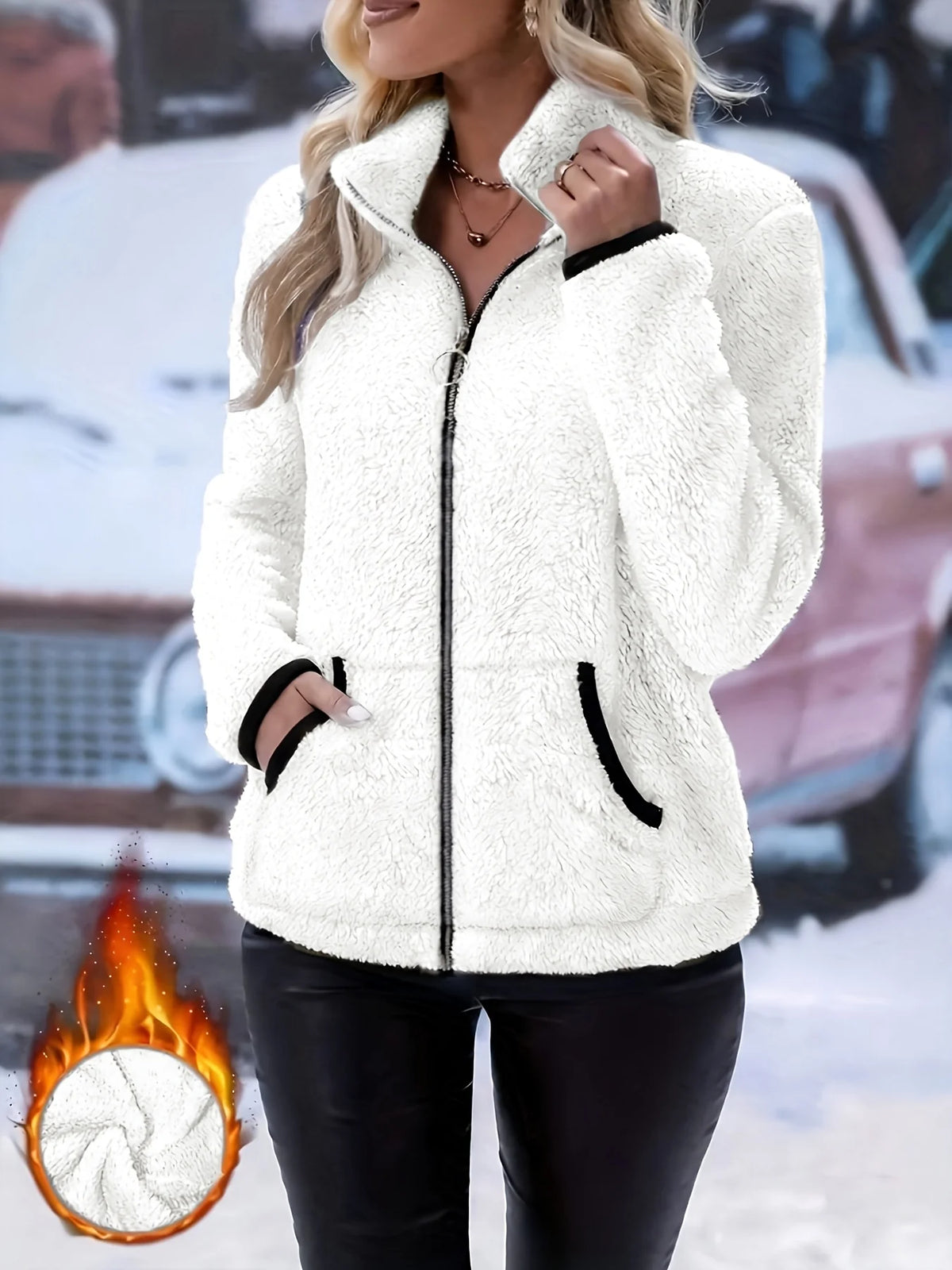 Women's white sherpa fleece full-zip jacket, stand collar